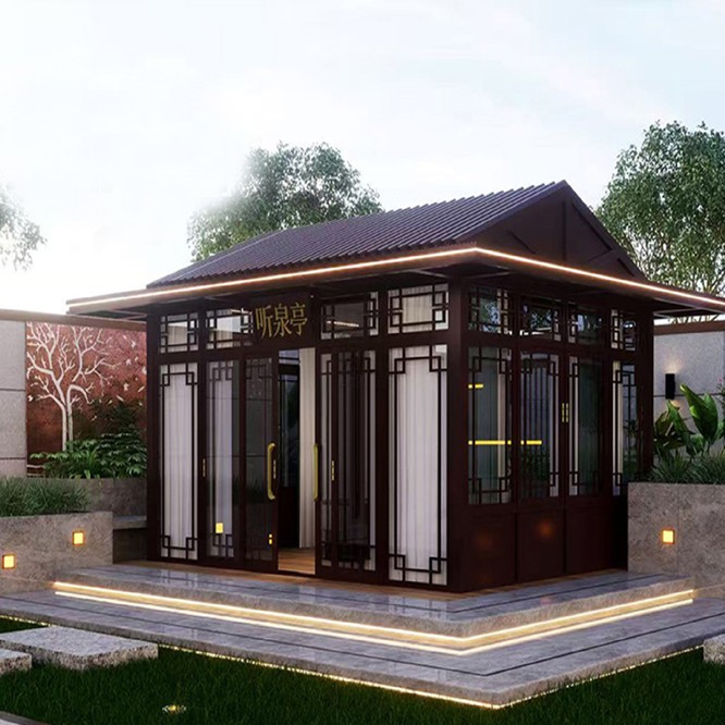 New Chinese-style outdoor flat-roofed landscape tea pavilion, leisure sunshade and rain shelter, villa garden courtyard, community aluminum art pavilion